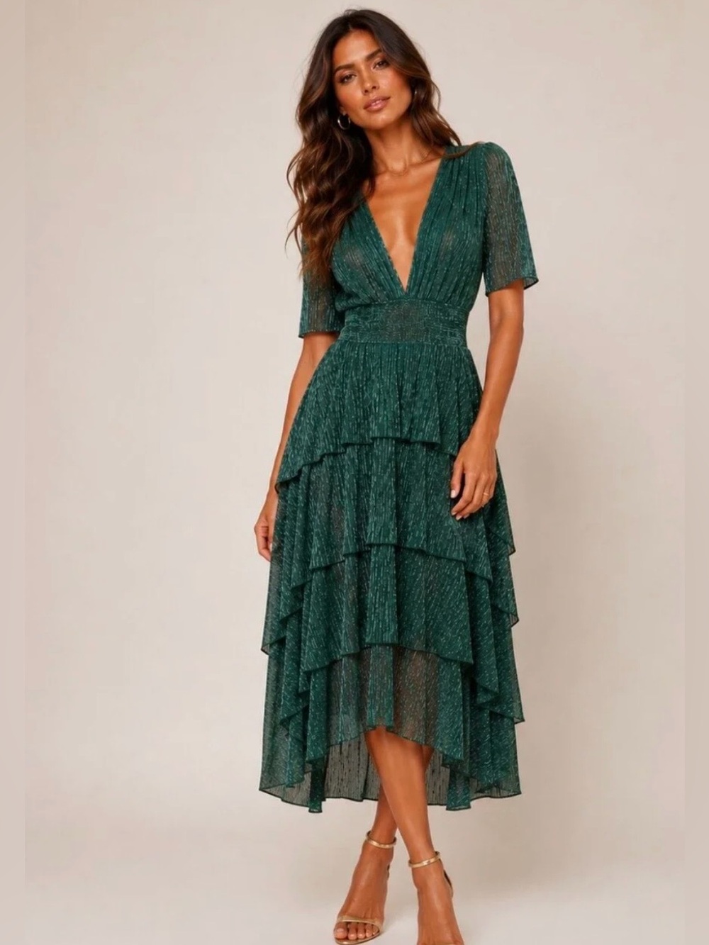 Maje Ruffine Smocked Waist Metallic Tiered Midi Dress. Size 38/ S